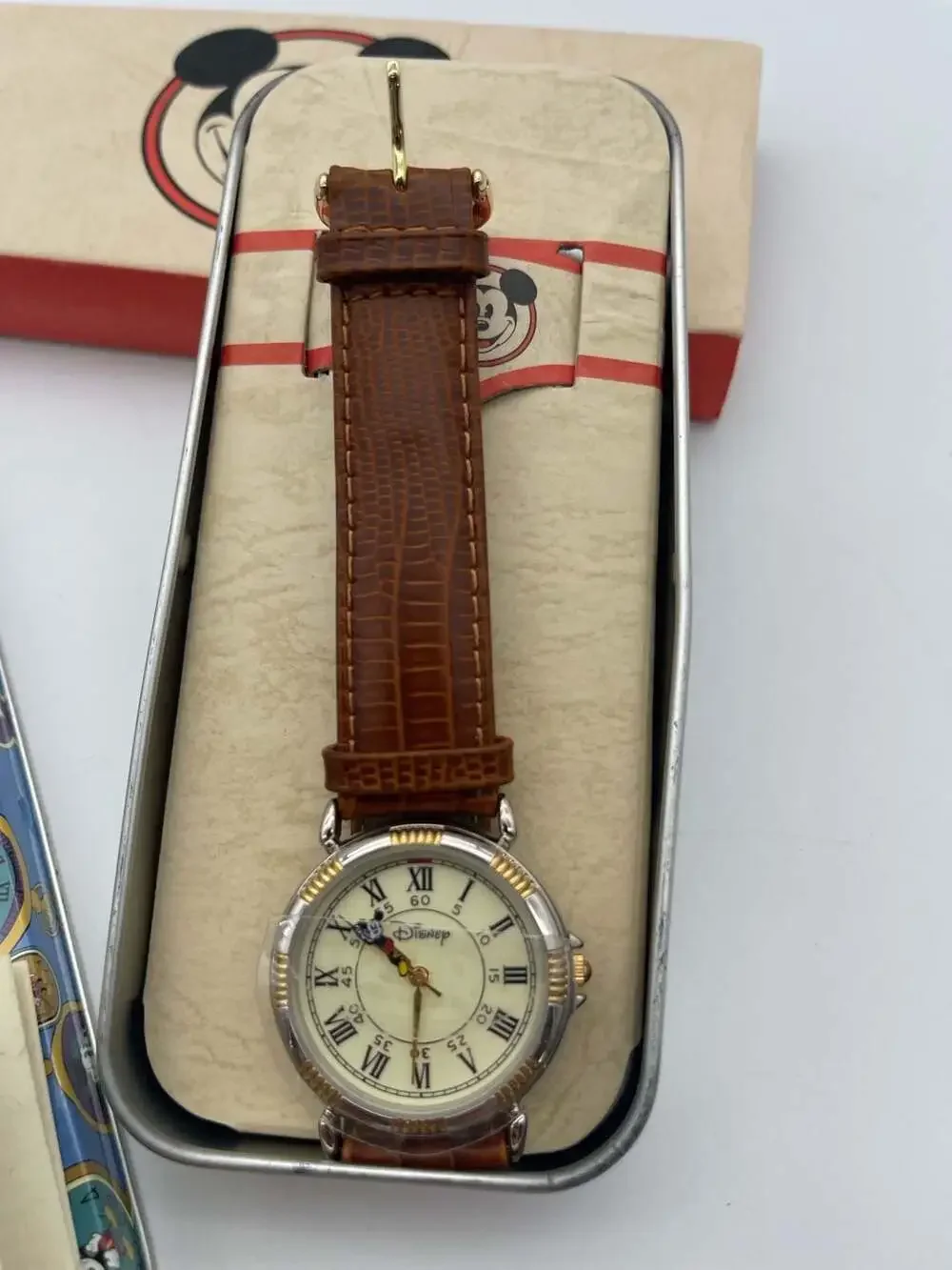 Vintage Mickey Mouse Two-Tone Roman Numeral Watch with Leather Strap and Collect